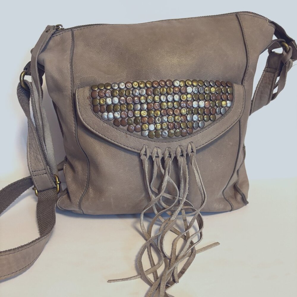 Lucky Brand Taupe Leather Crossbody with Stud Detail & Fringe